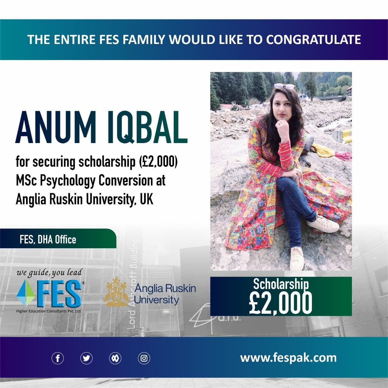 Scholarship: Anum Iqbal - MSc Psychology Conversion, Anglia Ruskin University, United Kingdom.