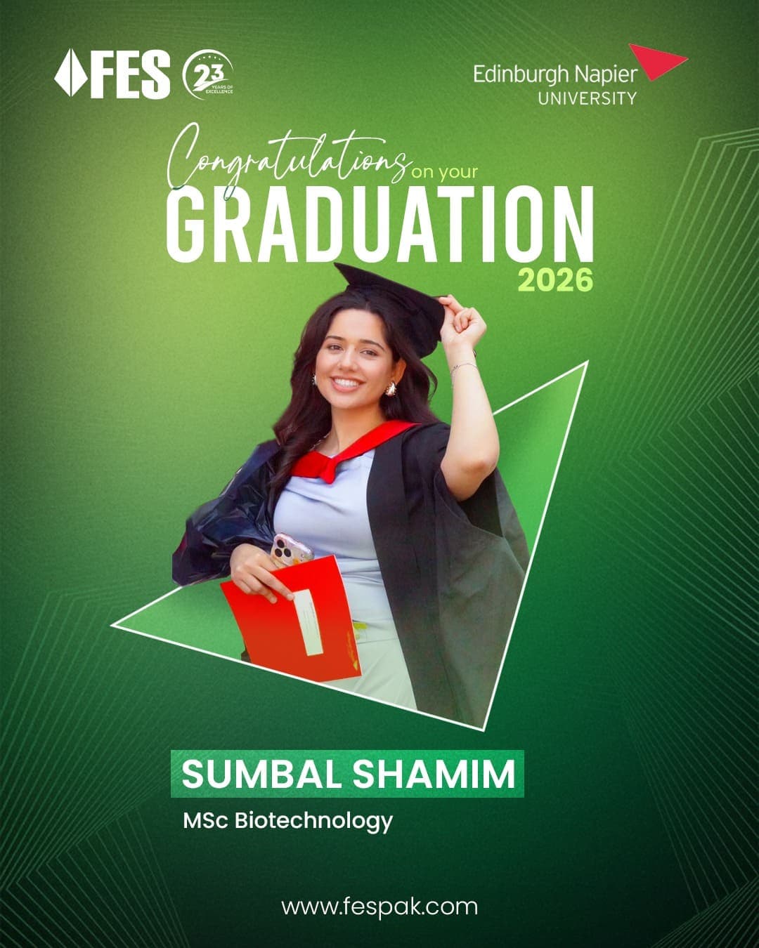 Graduation: Sumbal Shamim — MSc Biotechnology, Edinburgh Napier University, United Kingdom.